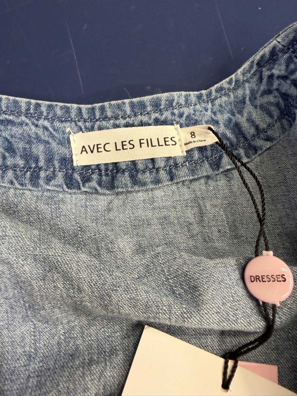 Avec Les Filles Sleeveless Denim-Style Tie-Waist Mini Dress in Blue - Picture 4 of 7
